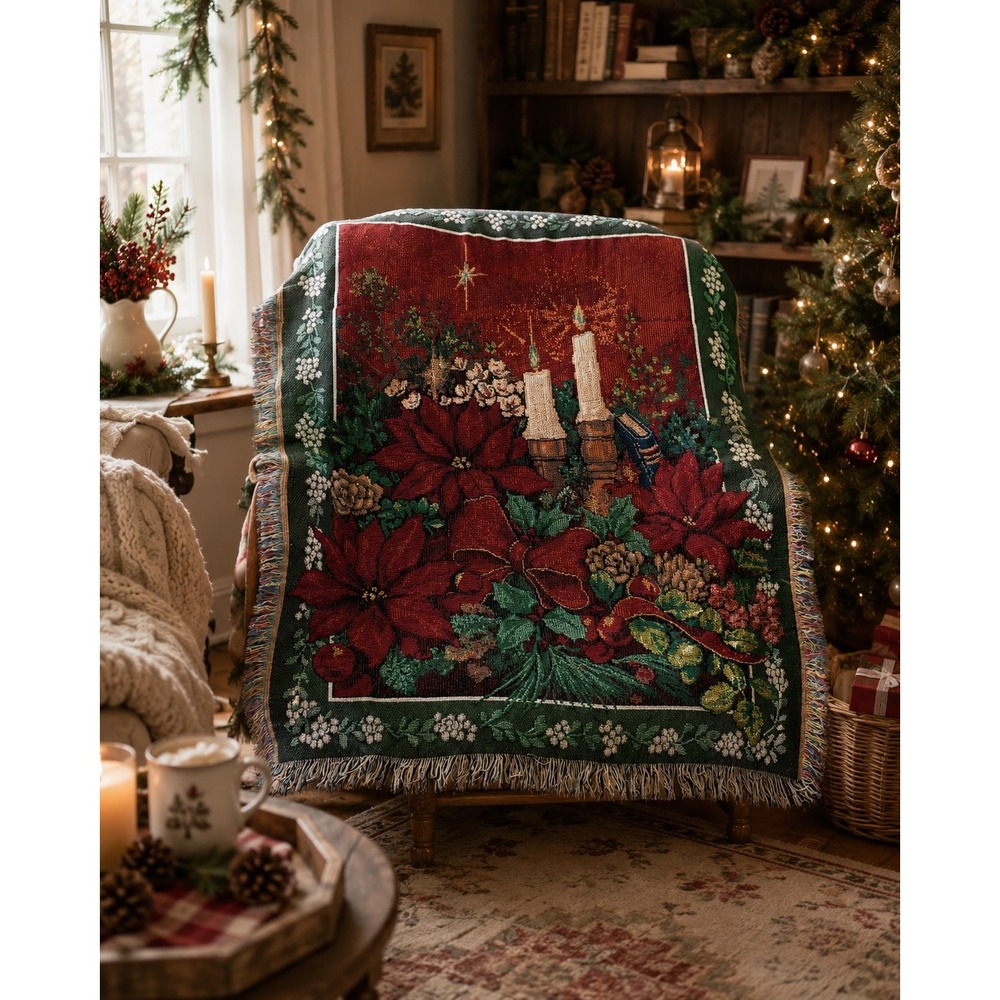 Vintage Christmas Woven Tapestry Throw Blanket Poinsettia Candle Fringe 45x34